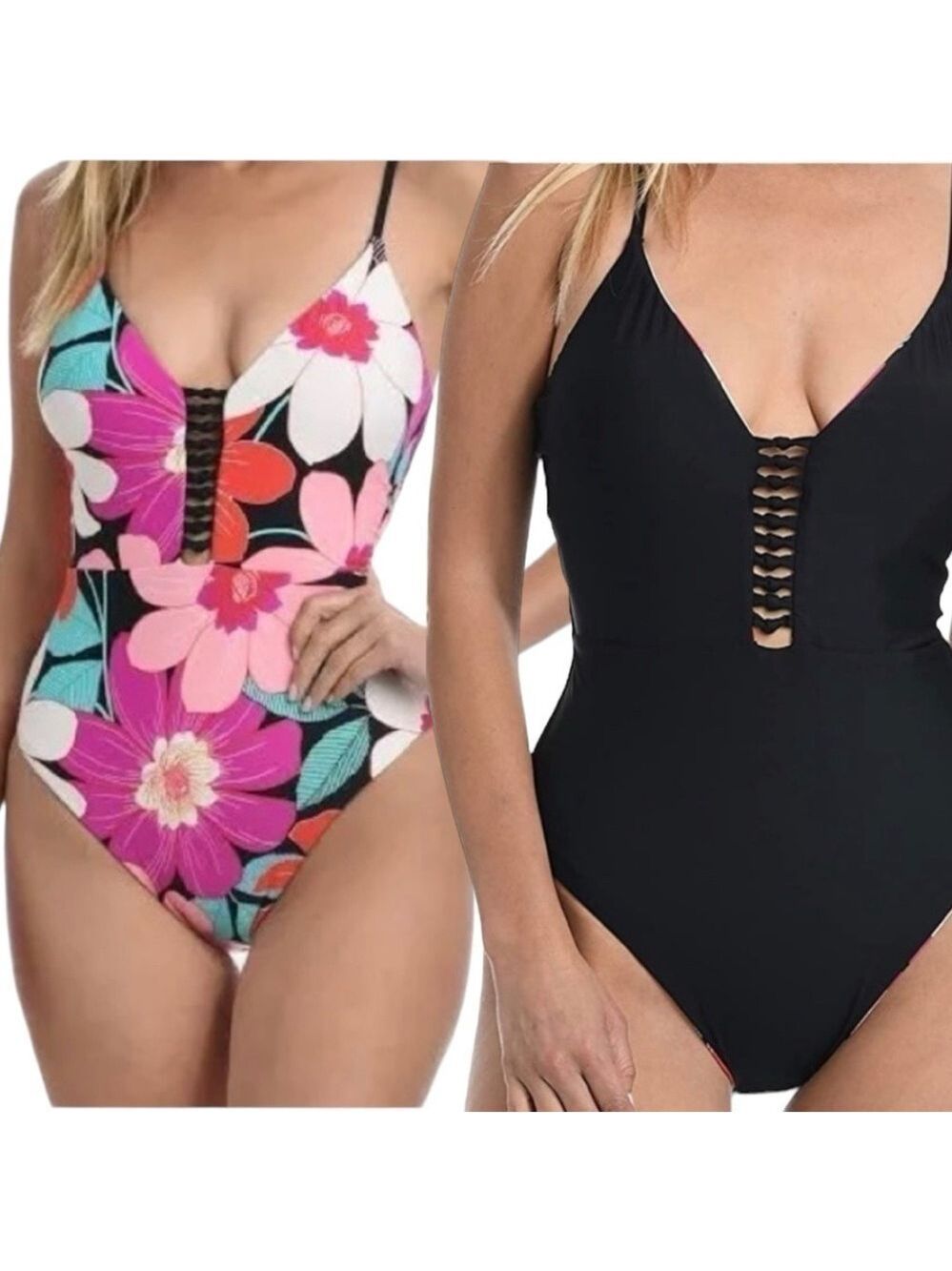 La BLANCA - Swimsuit Tummy Control Reversible Plunge One Piece Floral & Black 10